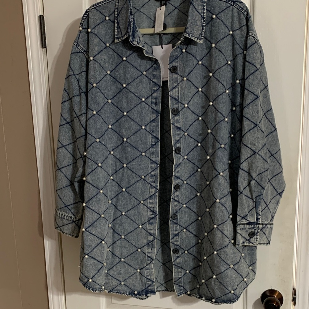 Pearl-Studded Blue Denim Jacket